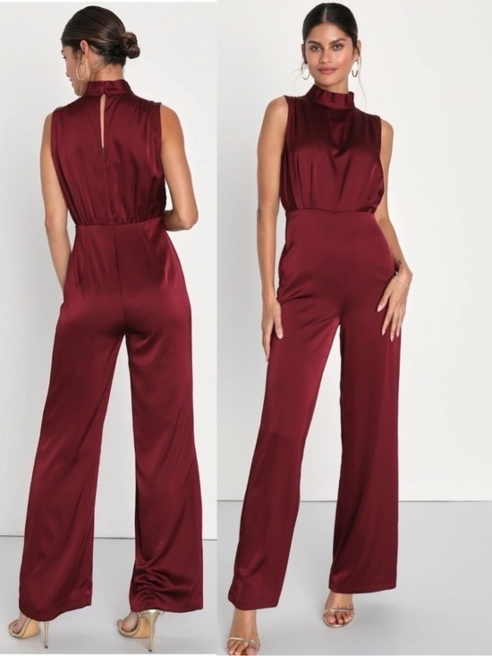 NWT Lulu’s Classic Elegance Wine Red Satin Sleeveless Mock Neck Jumpsuit Large
